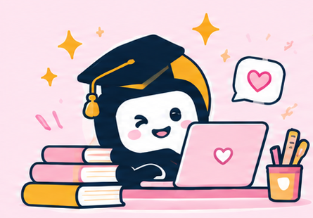 Maskot Nuguysdulu sedang belajar dengan laptop dan buku